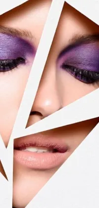 This phone live wallpaper features a bold and eye-catching close-up of a woman's face with vibrant purple eyeshadow and geometric shapes that grab the viewer’s attention