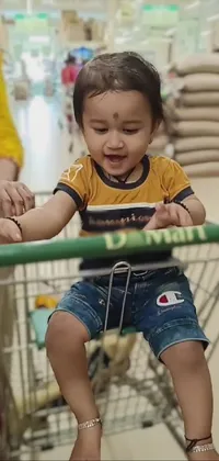This mobile live wallpaper features a cheerful child sitting in a shopping cart as his family shops in a bustling market