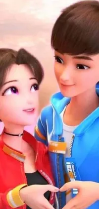 This live phone wallpaper depicts a boy and girl making a heart shape with their hands, set against a background of Queen of the Sea Mu Yanling and Disney cartoon characters