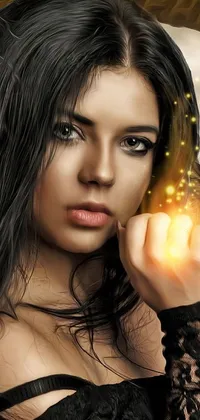 This phone live wallpaper features a dark-haired woman, dressed in a black gown, posing in a fantasy setting