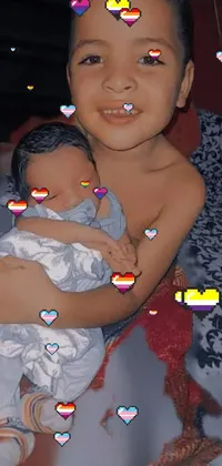 This phone live wallpaper depicts a touching moment between a young child and an infant