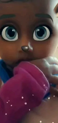 This phone live wallpaper showcases an endearing depiction of a child holding a stuffed toy with incredibly large and surprised eyes