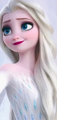 This phone live wallpaper features a stunning close-up of a beautiful blonde-haired character, reminiscent of Elsa from the popular movie "Frozen"