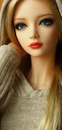 This phone live wallpaper features a stunning close-up of a cute doll wearing a cozy sweater