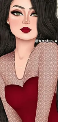 This live wallpaper depicts a beautiful woman with black hair in a red dress, created in vector art