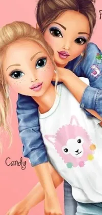 This phone live wallpaper features a colorful digital art of two girls standing together in their vibrant candy girl and Barbie outfits, both exuding a cute and fashionable vibe