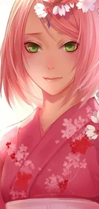 Get lost in the stunning beauty of this phone live wallpaper featuring a cute anime girl in a pink kimono with short pink hair