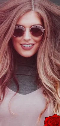 This live phone wallpaper features a female fashion model sporting a rose in her hair and sporting Oakley sunglasses