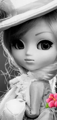 Looking for a unique live wallpaper for your phone? Check out this close up photo of a doll with a hat in black and white