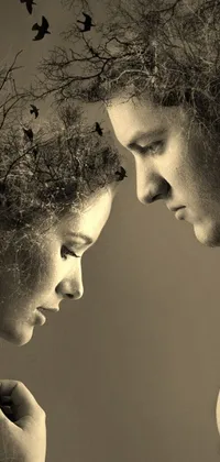 This live phone wallpaper showcases a captivating black and white photo featuring a couple looking intensely at each other, with branches sprouting from her head, adding a touch of natural beauty to the scene