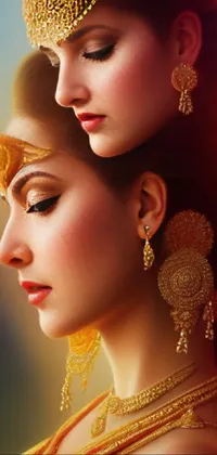 This phone live wallpaper features an impressive scene of two women in close proximity with a poster of an Indian goddess of wealth in the background