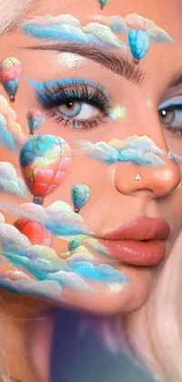This phone live wallpaper showcases a close-up of a beautifully painted face, using the airbrush technique to bring surreal colors to life