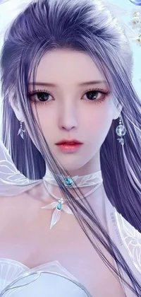 This striking phone live wallpaper depicts a stunning close-up of a woman with long hair in a white hime cut hairstyle