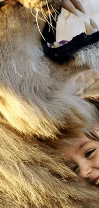 This live wallpaper for your phone features a delightful image of a young girl embracing a majestic lion, showcasing the wonders of nature and the tender relationship between humans and animals