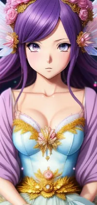 This phone live wallpaper showcases an anime fairy with striking purple hair and an intricate costume