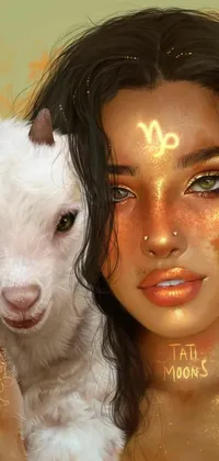 This stylish phone live wallpaper features a captivating digital painting of a person holding a goat, perfect for fantasy art enthusiasts