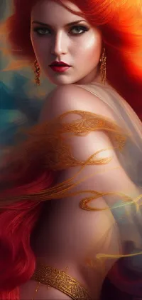 This phone live wallpaper features a striking digital painting of a goddess of the sea with enchanting red hair glowing in rich shades of gold and red