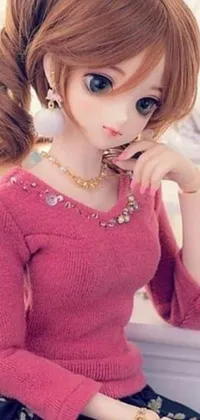 This live phone wallpaper depicts an incredibly beautiful doll with a sleek, slim body and stunning facial features donning a pink sweater and jewelry
