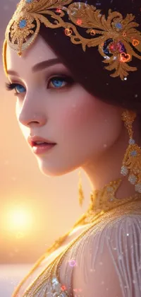 This mobile phone live wallpaper is a visually stunning work of art featuring a woman adorned in a striking gold headpiece set against a snowy backdrop
