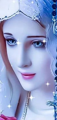 This phone live wallpaper features a close-up of a digital rendering of a statue of a woman holding a rosary
