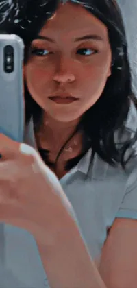 This cell phone live wallpaper features a digital painting of a woman taking a selfie