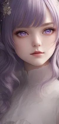 This lively wallpaper features a close-up of a stunning anime drawing of a cute girl with purple hair and white eyes