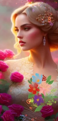 This digital masterpiece features a beautiful woman dressed in white surrounded by vivid pink roses