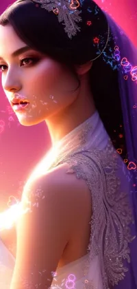 This phone live wallpaper features a beautiful bride in her wedding dress and veil, captured in a digital painting with a soft purple volumetric lighting backdrop