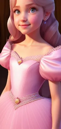 This charming phone live wallpaper showcases a delightful digital rendering of a doll wearing a pink dress
