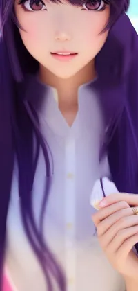 This phone live wallpaper features an anime drawing of a person with vibrant purple hair