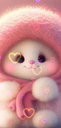 This phone live wallpaper showcases a close-up of an adorable cartoonish stuffed animal with a pink hat and pastel color scheme