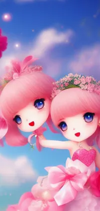 This live wallpaper features a charming digital art of two cute little girls standing side by side in matching outfits