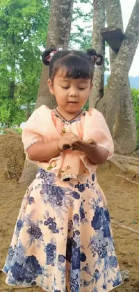 Get enchanted with this live wallpaper featuring a charming little girl in traditional attire, holding a butterfly in her hand