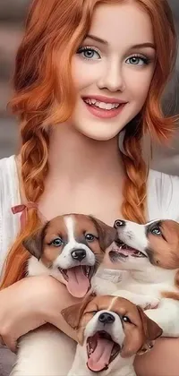 This live wallpaper features a beautiful redhead woman cradling three adorable puppies in her arms