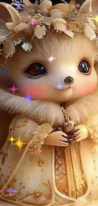 This live phone wallpaper showcases a delightful close-up of a stuffed animal wearing a dress, boasting enchanting fantasy art with shades of gold