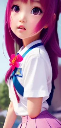 This phone live wallpaper features a digitally rendered close-up of a girl with pink hair dressed in a Japanese uniform