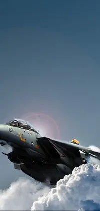 This live phone wallpaper depicts a fighter jet flying through a cloudy sky