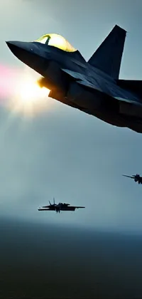 This phone live wallpaper features two fighter jets flying in tandem, surrounded by volumetric lighting and fog