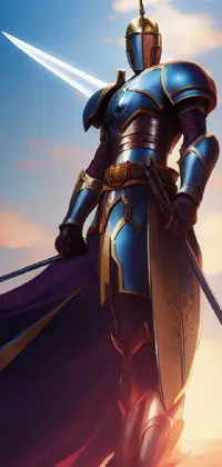 This phone live wallpaper depicts a striking full body portrait of a fantasy character wearing classic D&D-style armor and holding a sword