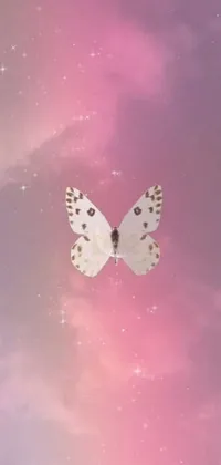 This live phone wallpaper is a mesmerizing digital artwork of a butterfly flying in a faded pink and pearlescent white backdrop