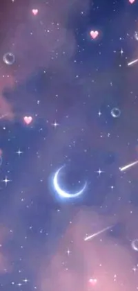 This live phone wallpaper boasts a charming night sky decorated with numerous bright stars and a radiant crescent moon