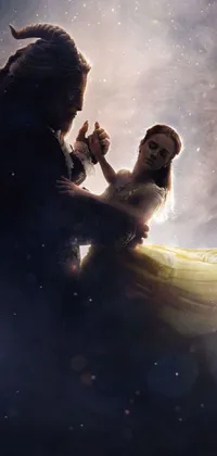 Looking for a magical way to customize your phone wallpaper? Look no further than this Beauty and the Beast-inspired live wallpaper! With a vertical format and stunning starry background, it features an enchanting image of a couple dancing together - perfect for anyone who loves Disney's beloved classic tale of romance and adventure