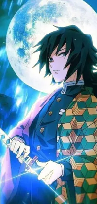 This anime-inspired phone live wallpaper features a mysterious man standing in front of a full moon with a sword
