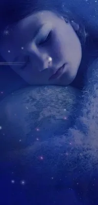 This live phone wallpaper features a digital art piece of a sleeping girl with closed eyes caressing Earth