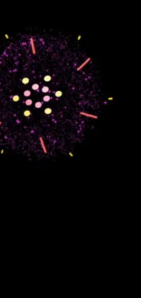 This phone live wallpaper features a stunning digital rendering of fireworks in purple and yellow against a black background, inspired by kinetic pointillism and Yahoo Kusama's work