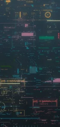 This iPhone live wallpaper showcases a detailed blueprint of a futuristic building with colorful cyberpunk 2077 vibes