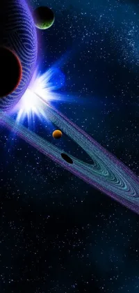 This phone live wallpaper is a captivating space art depiction of a black hole with two planets in the background