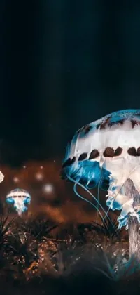 Elevate your phone's aesthetic with this realistic live wallpaper featuring glowing blue mushrooms and jellyfish in an underwater landscape