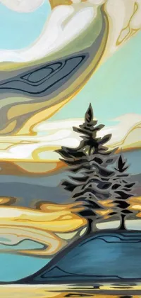 This smartphone live wallpaper depicts a golden and silver-toned painting of a lone tree on a hill