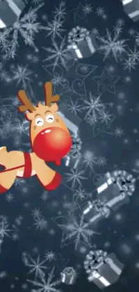 This delightful live wallpaper features a cartoon reindeer pulling a sleigh through a snowy landscape